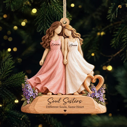 Soul Sisters Different Souls Same Heart - Personalized Wooden Ornament for Best Friends Christmas Gi