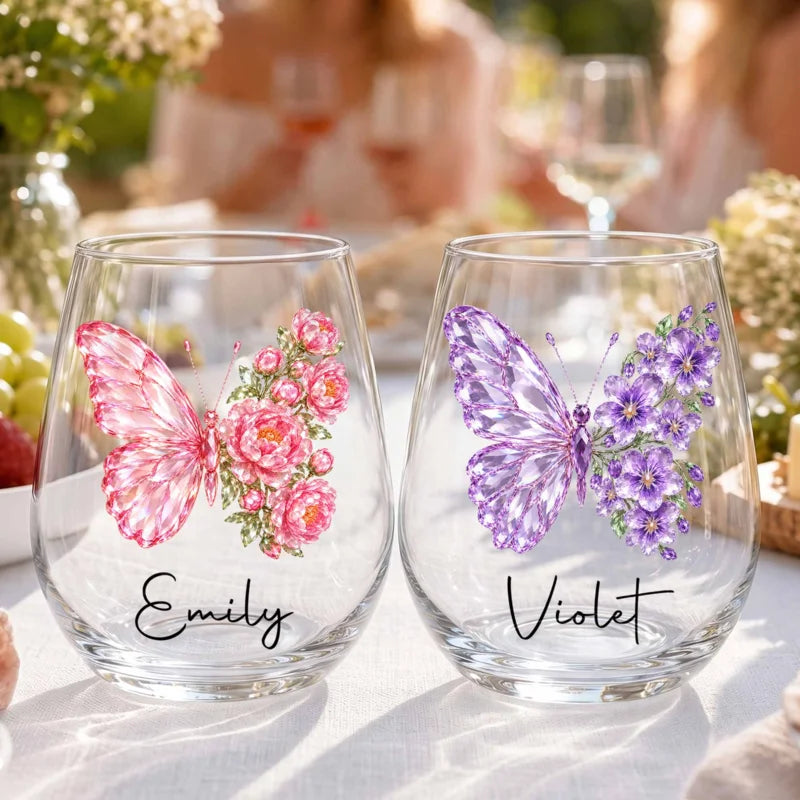 Birth Month Butterfly Personalized Stemless Wine Glass - Birthday Gift for Best Friends