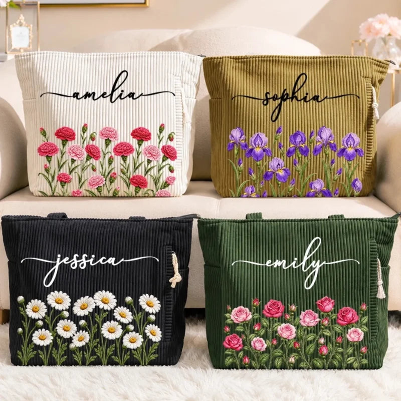 Custom Name Floral Gifts For Women - Personalized Corduroy Tote Bag