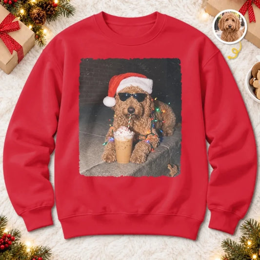 Custom Pet Photo Santa Coffee Christmas Gifts For Dog And Cat Lovers - Personalized Crewneck Pullove