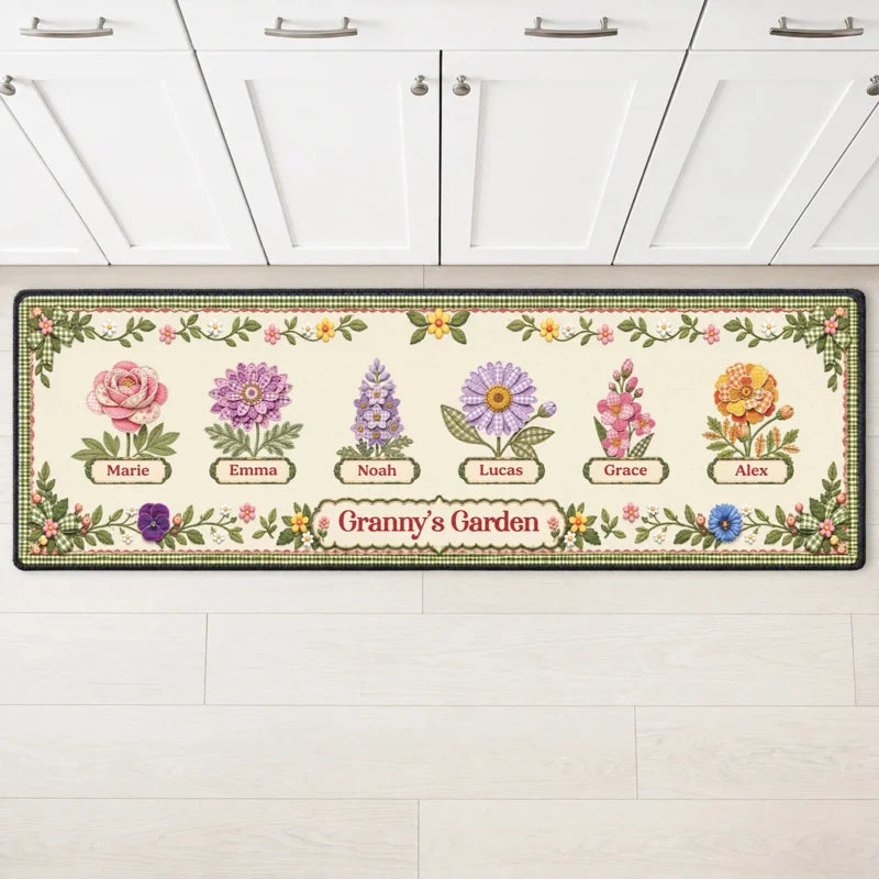 Granny's Garden Personalized Birth Month Flower Runner Rug - Custom Gift for Grandma Mom