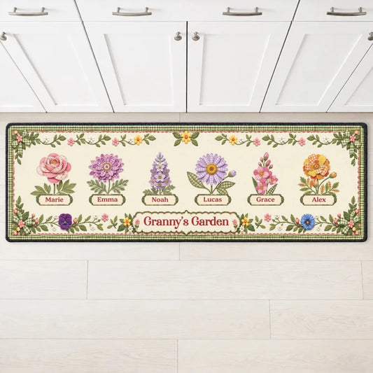 Granny's Garden Personalized Birth Month Flower Runner Rug - Custom Gift for Grandma Mom