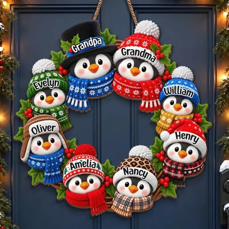 Custom Name Christmas Penguin Family Decor - Personalized Custom Shaped Wood Sign