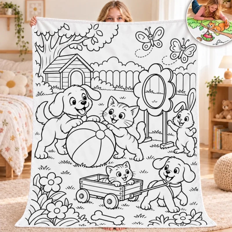 Custom Cute Animal Coloring Backyard Gifts for Kids - Personalized Doodle Blanket