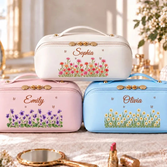 Her Own Little Bloom - Personalized Leather Makeup Bag