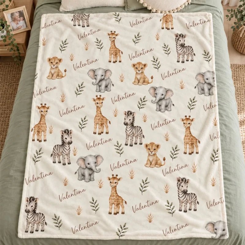 Safari Animal Print Custom Baby Name - Personalized Fleece Blanket - Nursery Jungle Animal Theme For