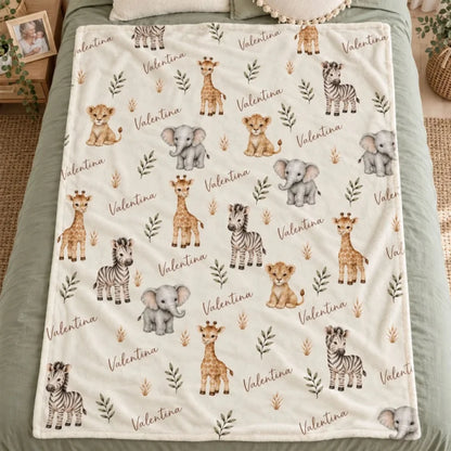 Safari Animal Print Custom Baby Name - Personalized Fleece Blanket - Nursery Jungle Animal Theme For