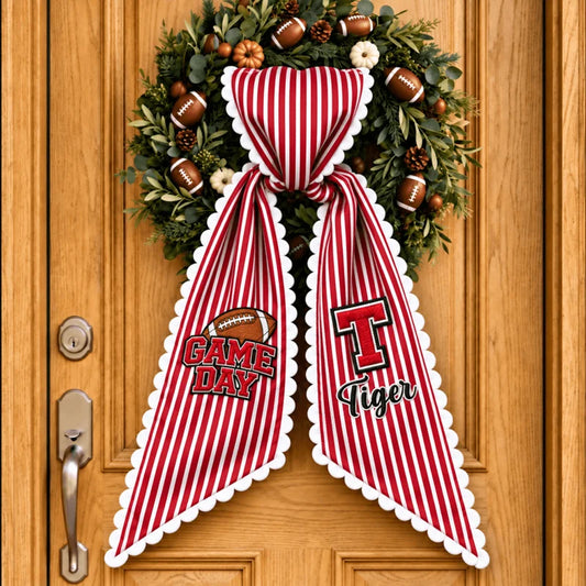 Personalized Embroidered Wreath Sash, Striped Football Game Day Front Door Decor, Unique Gift for Sp