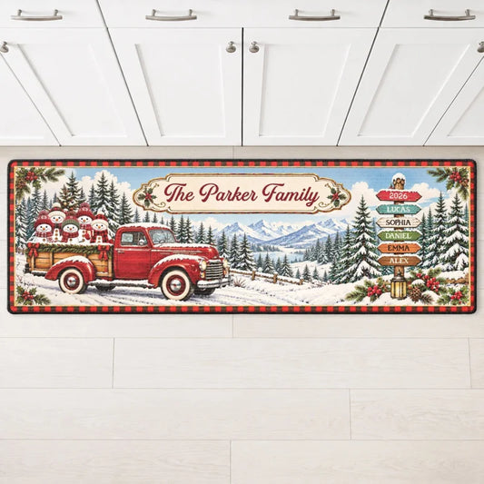 Red Christmas Truck Personalized Runner Rug - Custom Family Name Holiday Kitchen Mat