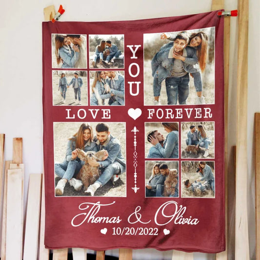 Love You Forever Personalized Couple Blanket With Photo Collage - Custom Romantic Fleece Throw Gift 