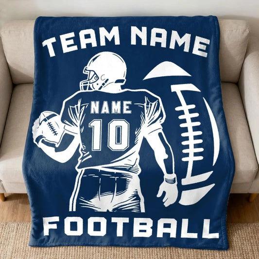 Custom Football Blanket with Name Jersey Number - Personalized Fleece Throw Blanket for Football Pla