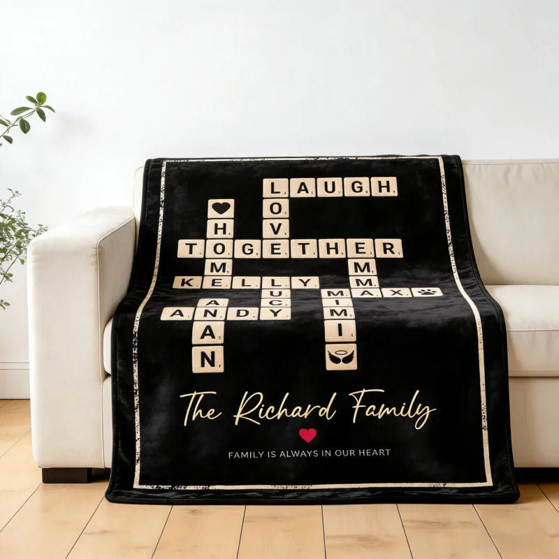 Custom Crossword Family Names Blanket - Personalized Scrabble Tile Throw for Mom