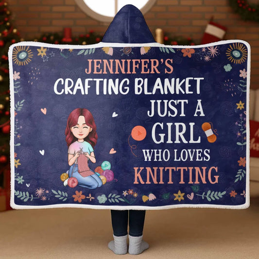 Just A Girl Who Loves Knitting Personalized Hooded Blanket - Daughter Mom Birthday