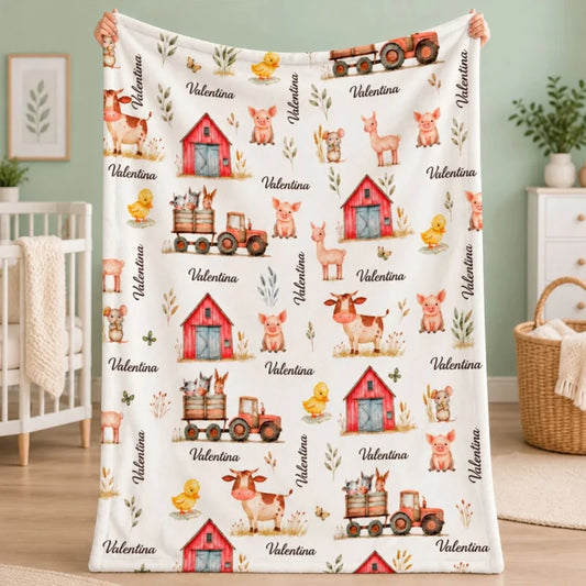 Farm Animal Print Custom Baby Name - Personalized Fleece Blanket - Nursery Farm Animal Theme For Bab