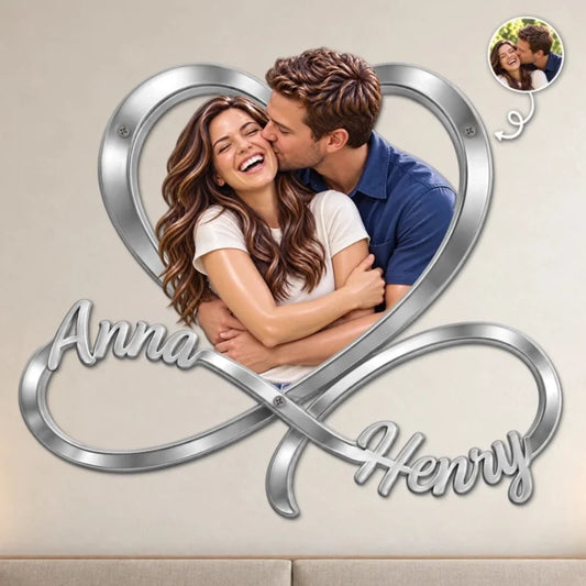 Custom Photo Name Couple Love Gifts For Husband And Wife, Him And Her - Personalized Shaped Metal Si