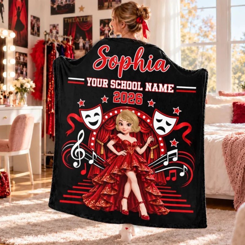 Theater Drama Club Girl Custom Name & School Name - Personalized Fleece Blanket - Graduation Gift Fo