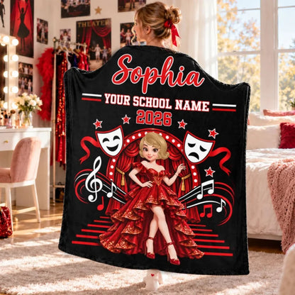 Theater Drama Club Girl Custom Name & School Name - Personalized Fleece Blanket - Graduation Gift Fo