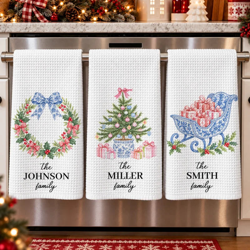 Chinoiserie Christmas Tree Tea Towel, Hostess Gift, Kitchen Holiday Decor - Personalized Kitchen Tow