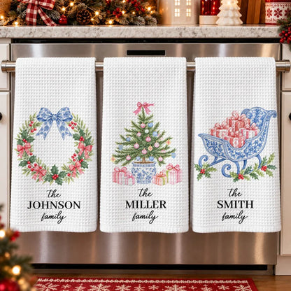 Chinoiserie Christmas Tree Tea Towel, Hostess Gift, Kitchen Holiday Decor - Personalized Kitchen Tow