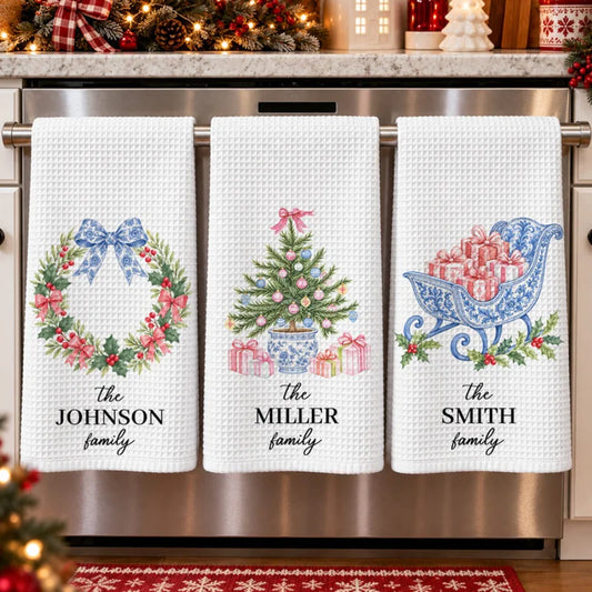 Chinoiserie Christmas Tree Tea Towel, Hostess Gift, Kitchen Holiday Decor - Personalized Kitchen Tow