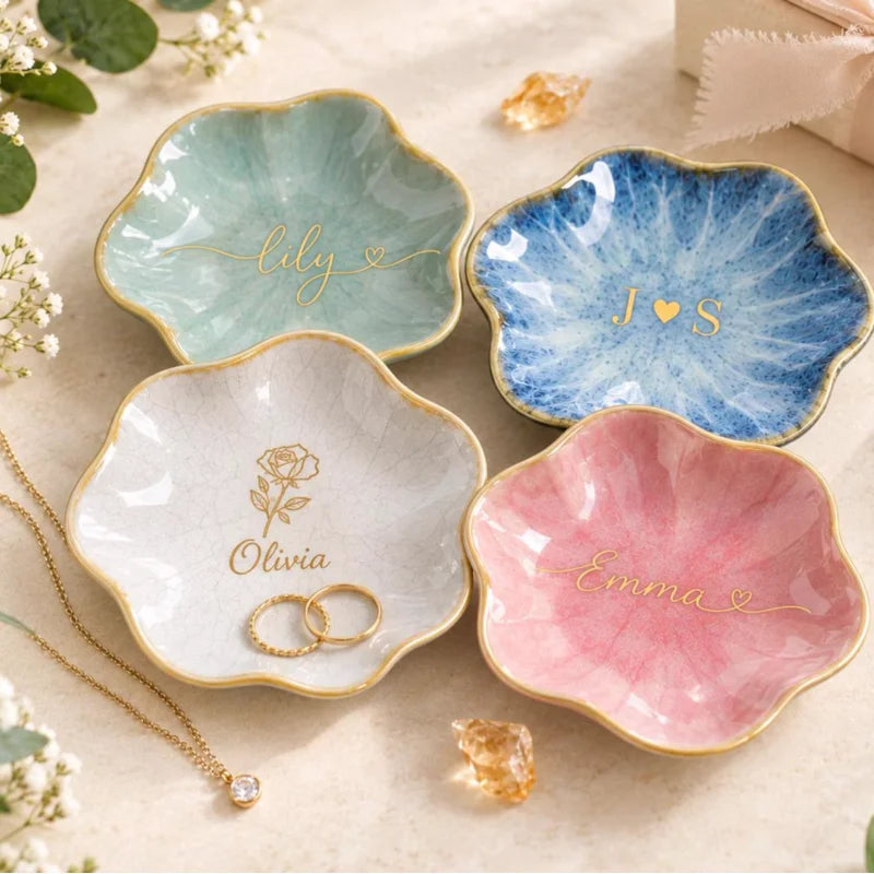 Personalized Birth Flower Name Ceramic Ring Dish Trinket Tray