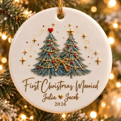 First Christmas Married Personalized Ceramic Ornament - Custom Newlywed Holiday Keepsake Gift for Co