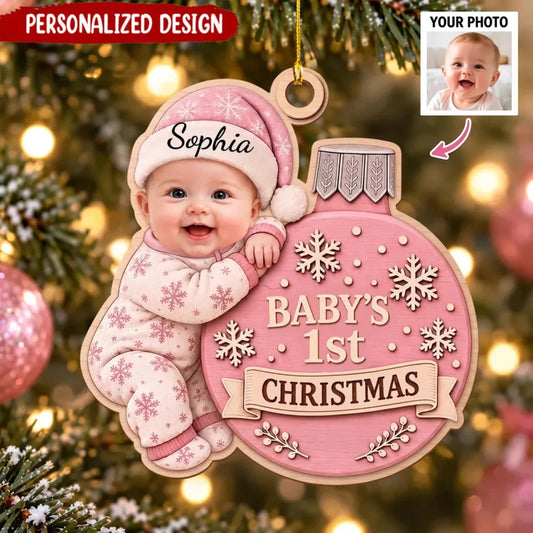 Baby's 1st Christmas Personalized Photo Wooden Ornament - Keepsake for New Parents and Family
