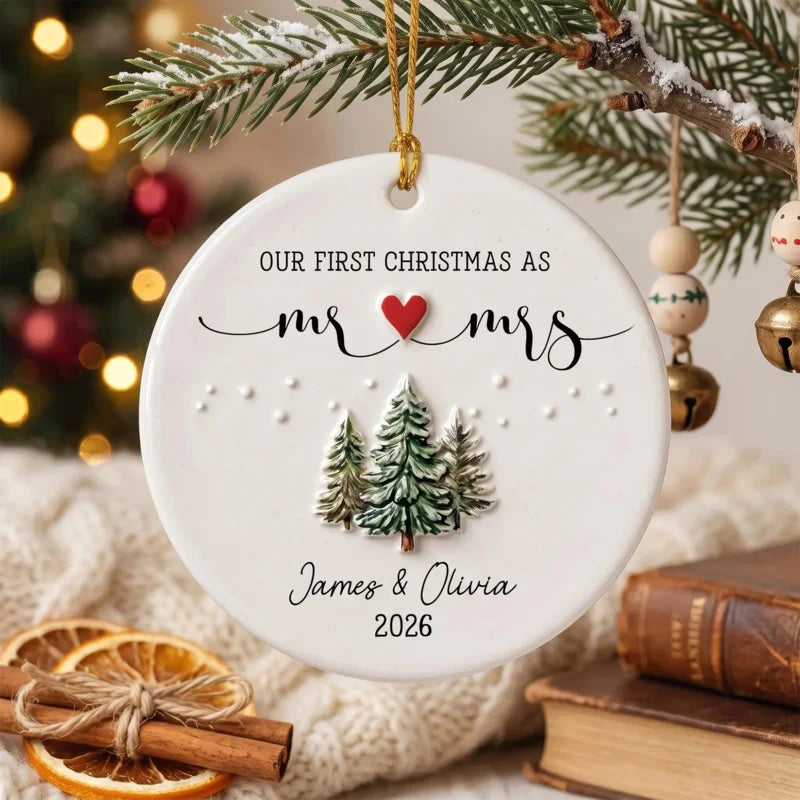 Our First Christmas As Mr and Mrs Personalized Ceramic Ornament - Holiday Keepsake for Newlyweds Cou