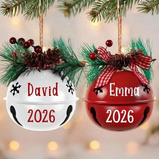 Personalized Jingle Bell Ornament, Red and White Hanging Christmas Tree Decor, Unique Gift for Coupl