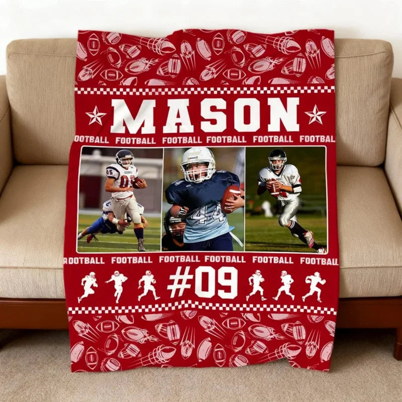 Custom Football Photo Blanket - Personalized Player Name Number Throw for Son