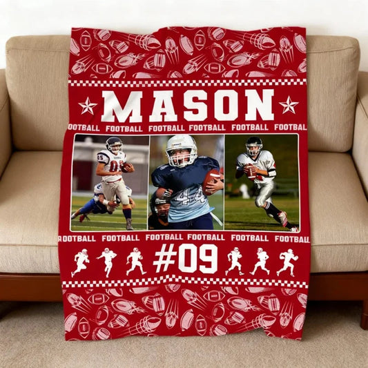 Custom Football Photo Blanket - Personalized Player Name Number Throw for Son