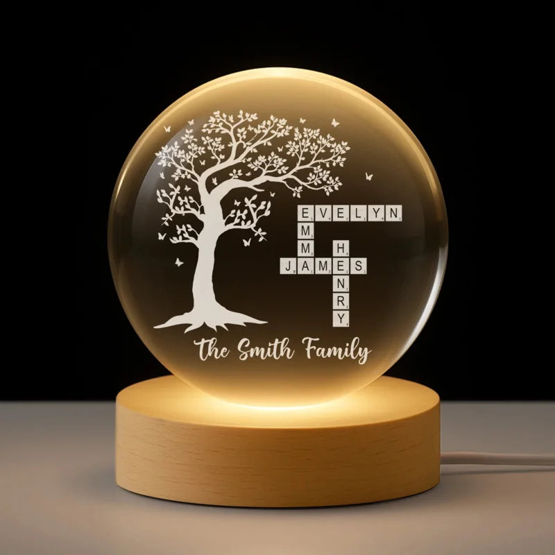 Family Tree Crossword Personalized Crystal Ball Lamp - Custom Gift for Family