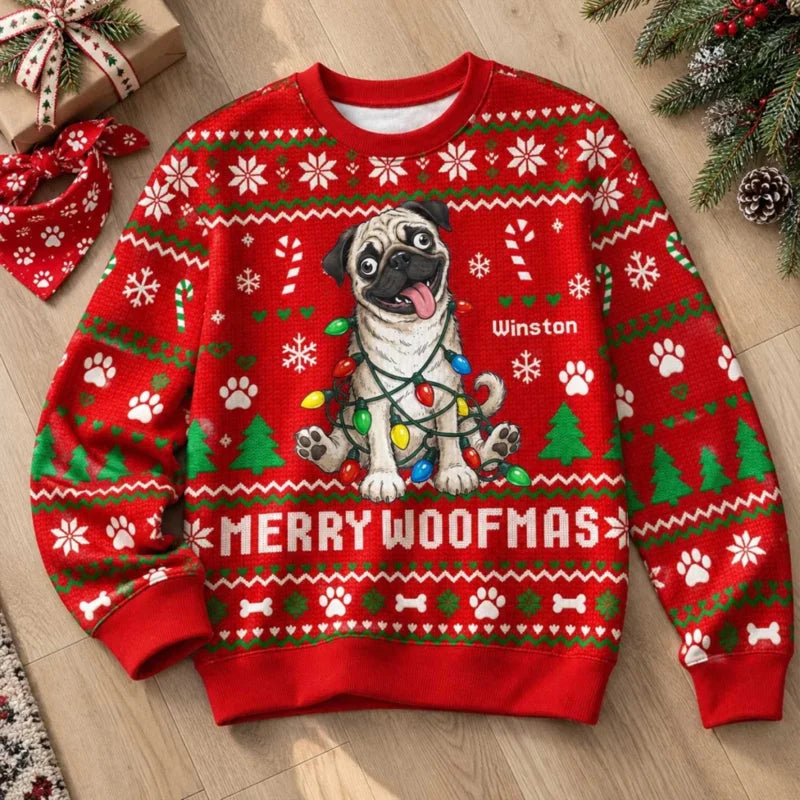 Custom Pet Portrait Quirky Silly Dog - Personalized Faux Knitted Ugly Sweater - Funny Christmas Gift