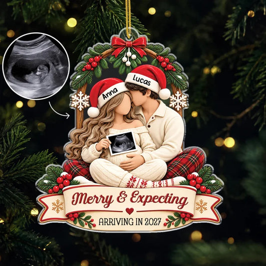 "Merry & Expecting" Personalized Acrylic Ornament for Mom and Dad to Be - Custom Ultrasound Christma
