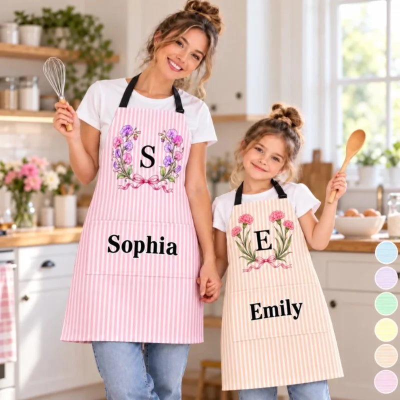 Custom Name Floral Monogram Gifts For Women And Kids - Personalized Apron With Pocket