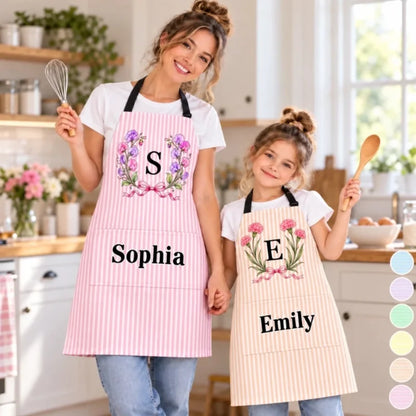 Custom Name Floral Monogram Gifts For Women And Kids - Personalized Apron With Pocket