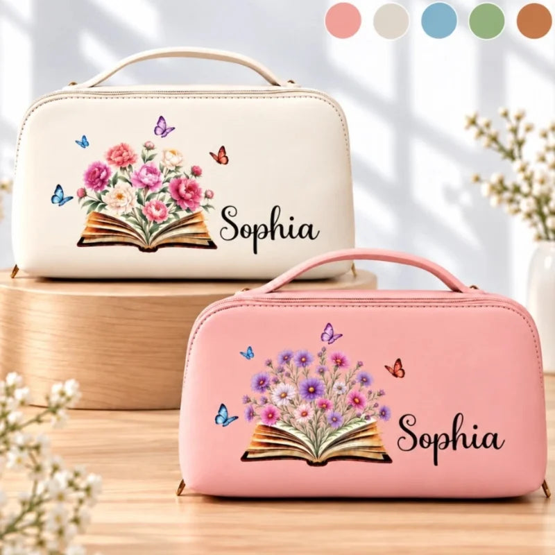 Custom Name Floral Bookish Gifts For Book Lovers, Women - Personalized PU Leather Travel Toiletry Ba
