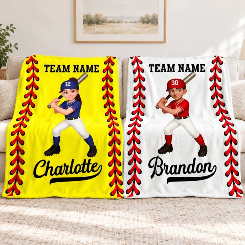 Baseball Softball Boy Girl Custom Name And Team Name - Personalized Fleece Blanket - Christmas Gift 