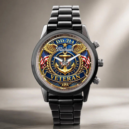 DD-214 Veteran US Navy Anchor And Wings Design - Personalized Custom Men's Watch - VTR025_CUMWA