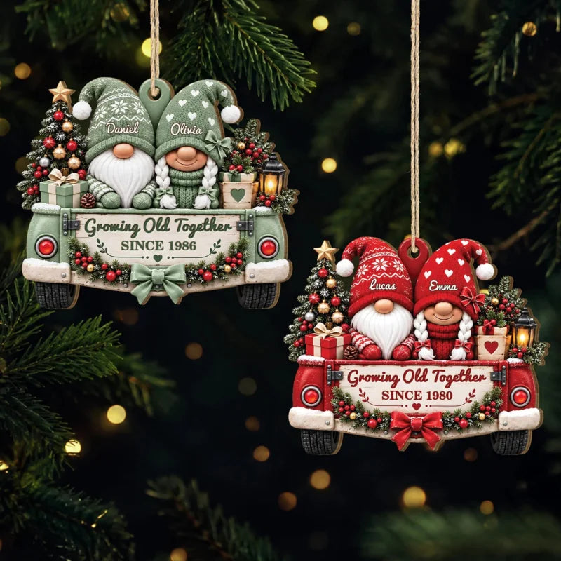 Growing Old Together Personalized Gnome Truck Wooden Ornament - Keepsake for Couples