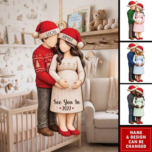 Personalized Expecting Couple Baby Bump Wooden Ornament
