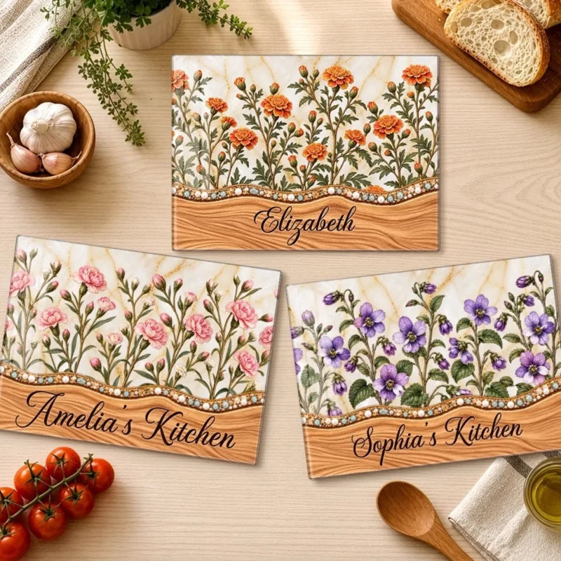 Personalized Name Flower Garden Kitchen Decor Gifts Glass Cutting Board