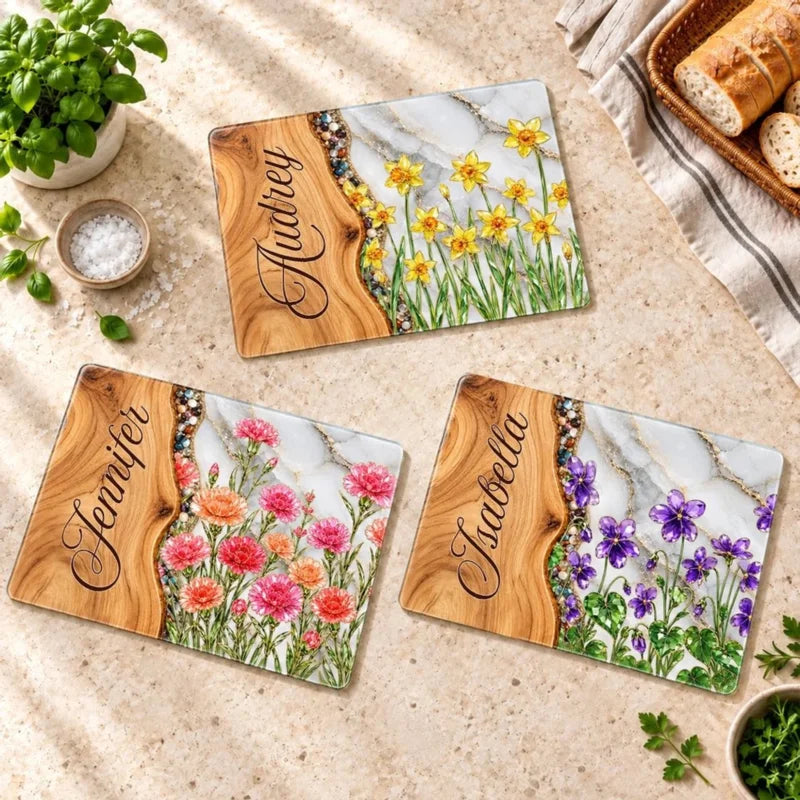 Personalized A Garden of Birth Flowers Glass Cutting Board