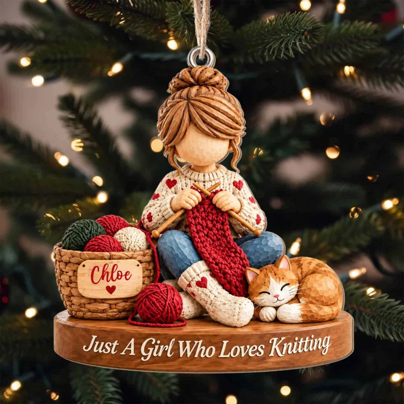 Personalized Just a Girl Who Loves Knitting Wood Ornament