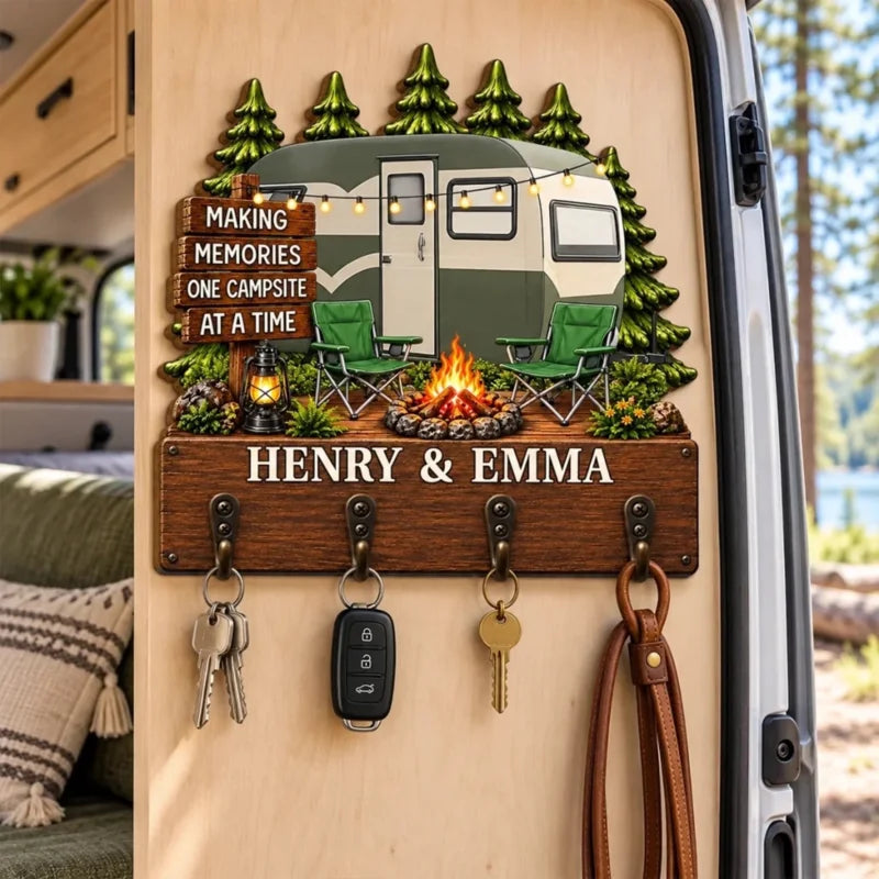 Custom Name Camping Couple Gifts - Personalized Wooden Key Holder