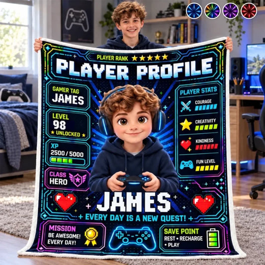 Custom Photo Name Gamer Profile Gifts for Kids - Personalized Blanket
