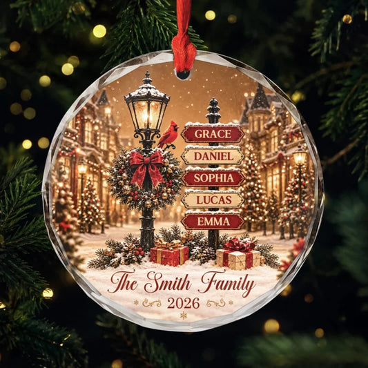 Custom Family Name Signpost Glass Ornament - Personalized Christmas Keepsake Gift
