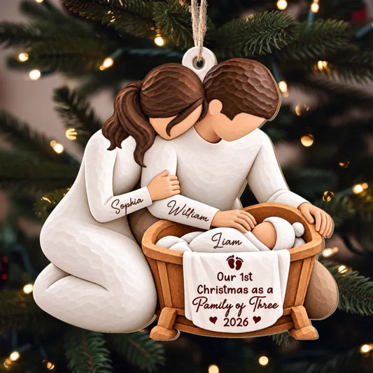 Our 1st Christmas as a Family of Three Personalized Wooden Ornament - Custom Holiday Keepsake Gift f