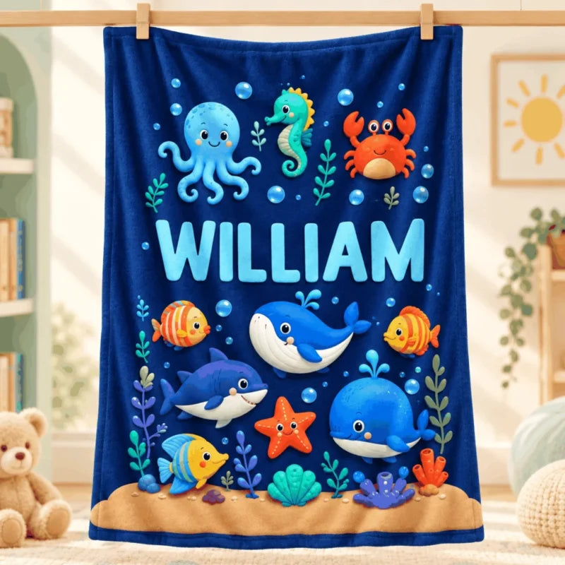 Personalized Cute Kids Animal & Fantasy World Name Fleece Blanket