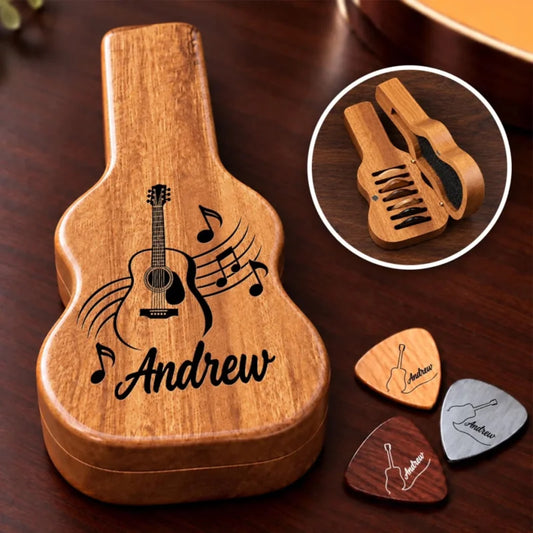 Personalized Music Passion Wooden Guitar Pick Holder Case
